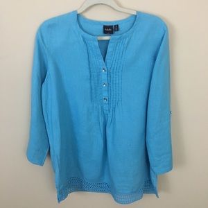 Rafaella Shirt Womens Medium Blue Pintuck Button Front 100% Linen